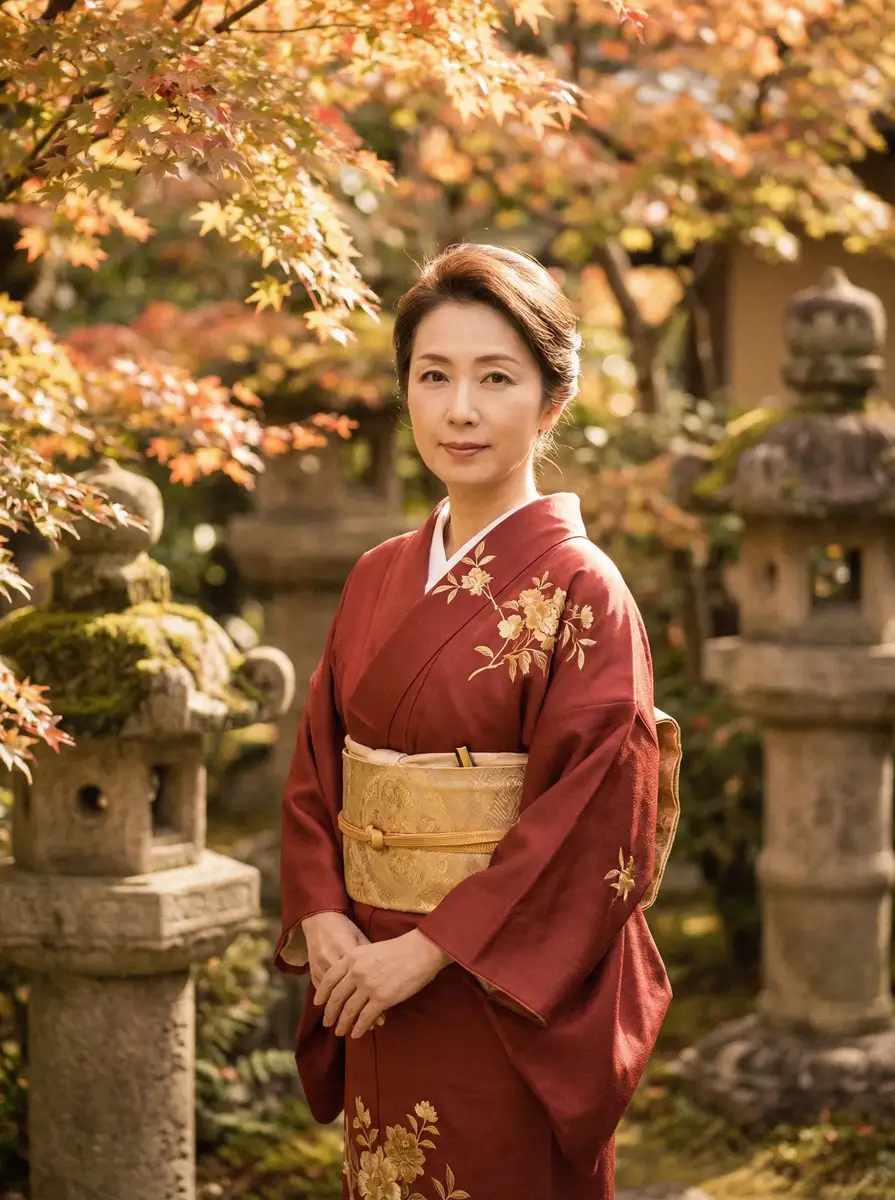 一位身穿暗红色和服的优雅 91免费 在日式庭院中